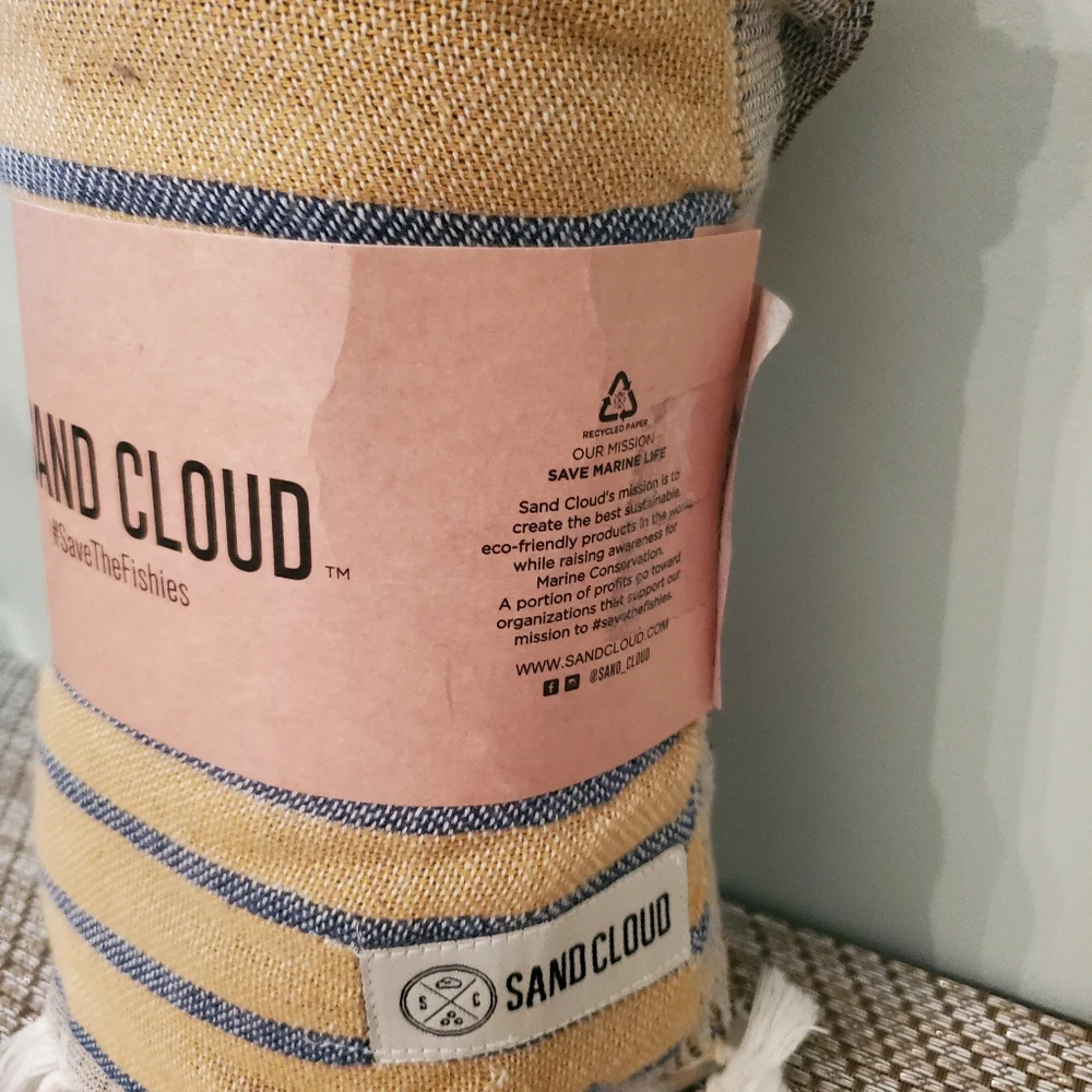 SandCloud Yellow & Blue Striped Turkish Towel New - Picture 8 of 11